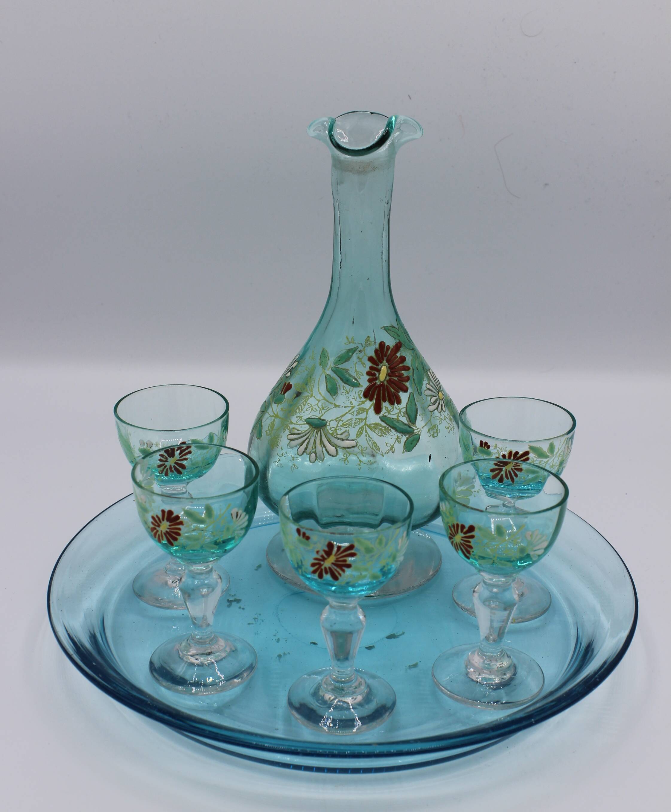 Magnifique service a liqueur en vere bleu emaille legras george sand art no