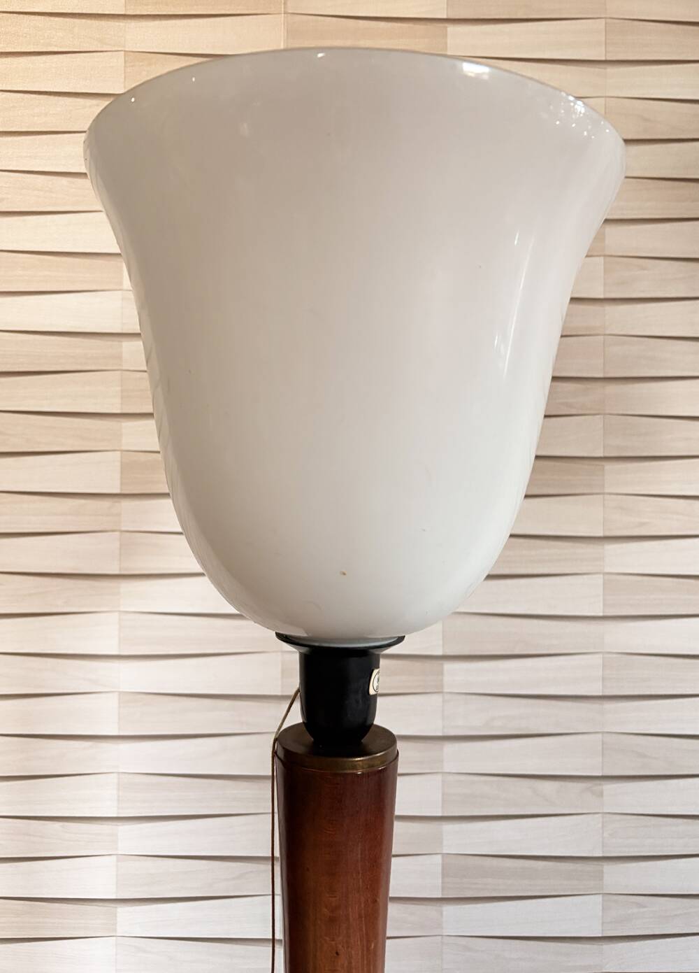 Vintage Unilux lamp in wood and opal glass, Scandinavian style.