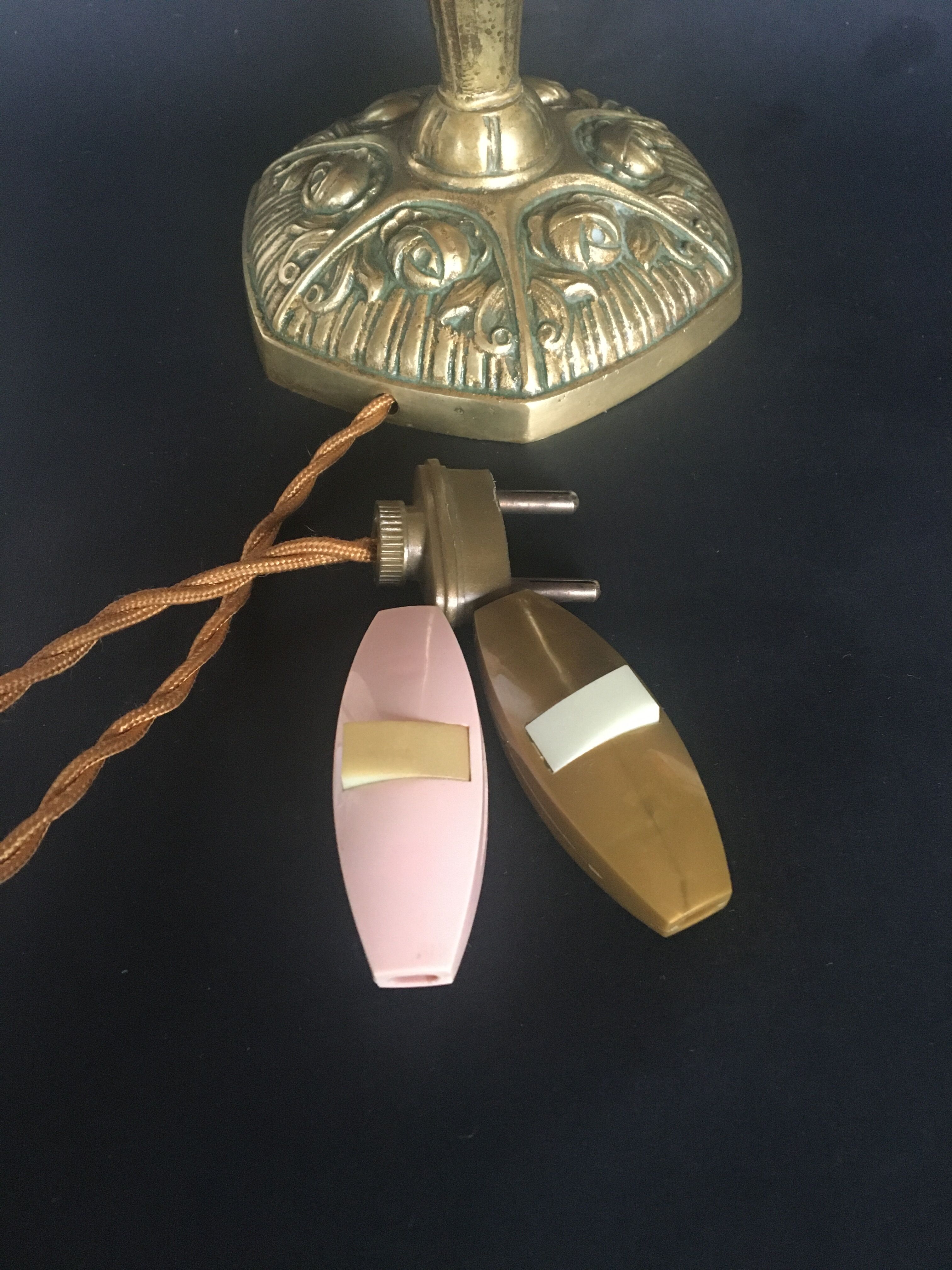 Bronze lamp, lampshade fabric stripe and cable vintage switch