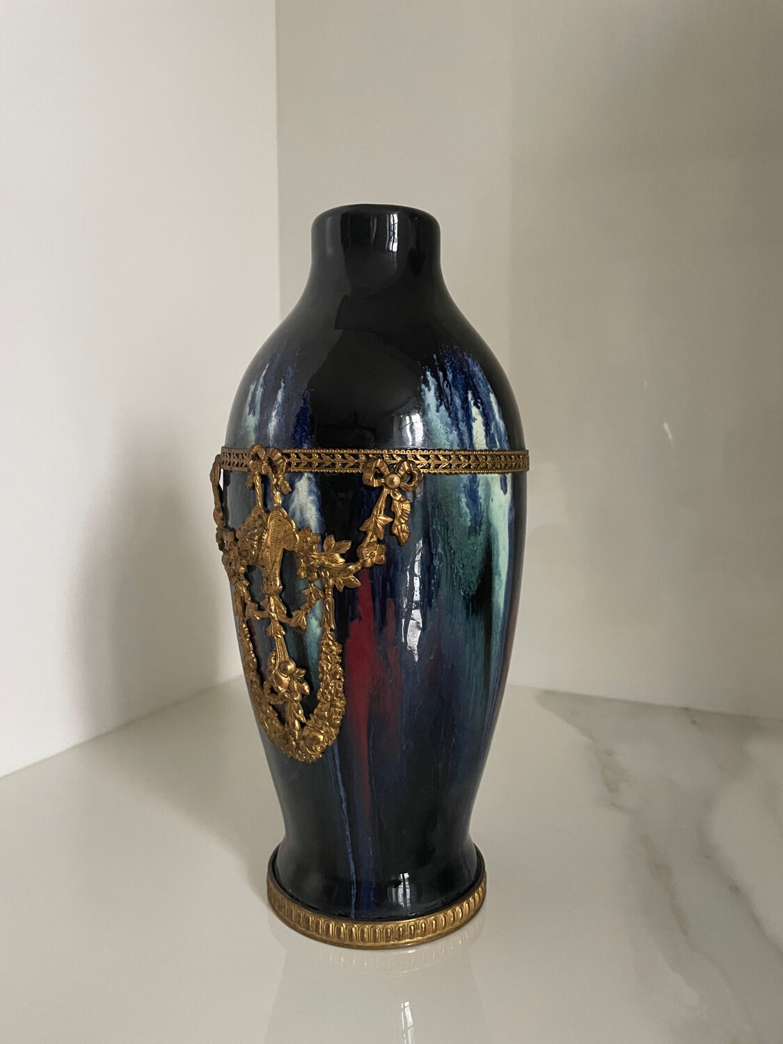 Ceramic vase with enamel drips, brass mount, around 1920, Be