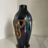 Ceramic vase with enamel drips, brass mount, around 1920, Be