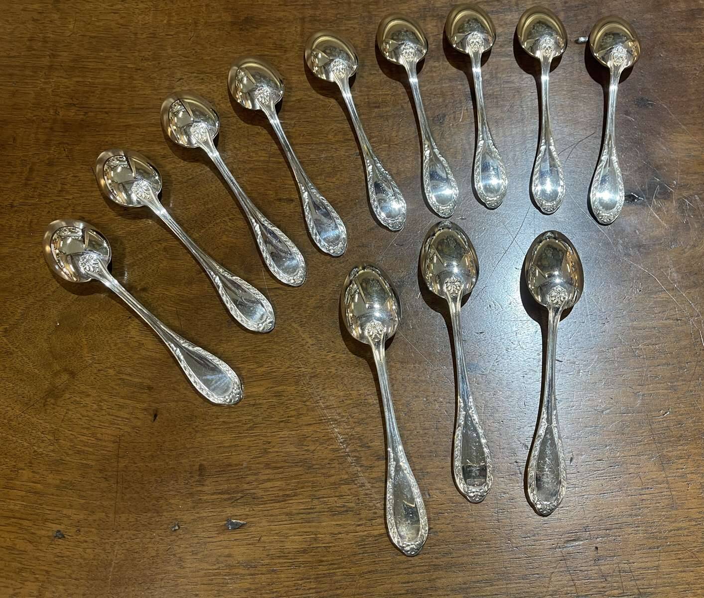 Set of 12 French silver plated dessert spoons