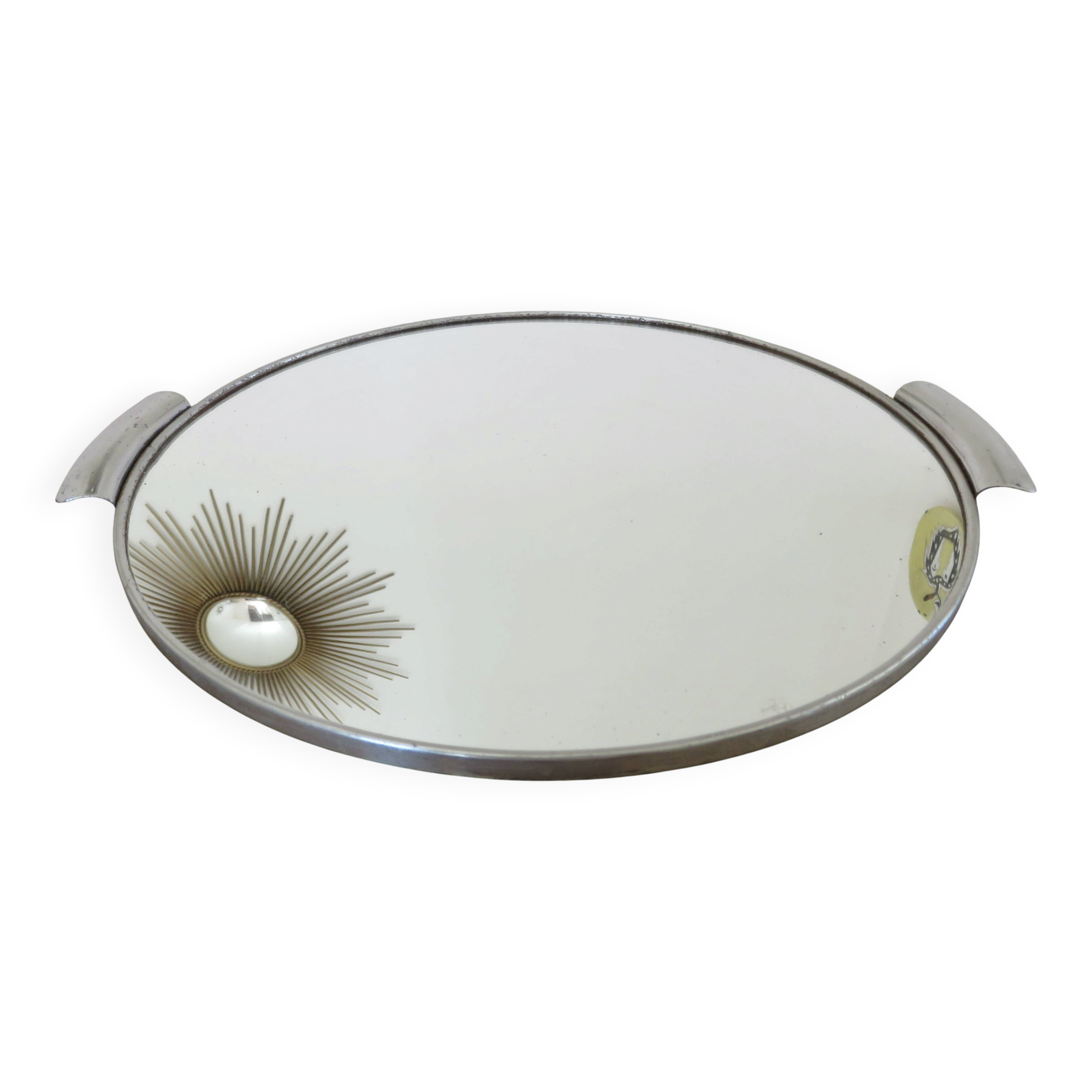 Round mirror tray, in chrome metal, Art Deco, 1930s-1940s
