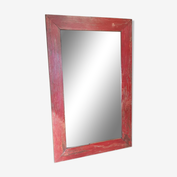 Ancien miroir en teck avec patine originale rouge 76 x 127 cm