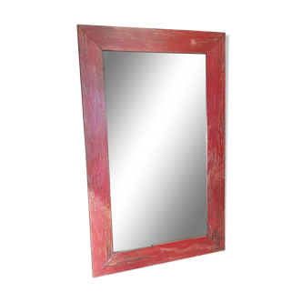 Ancien miroir en teck avec patine originale rouge 76 x 127 cm