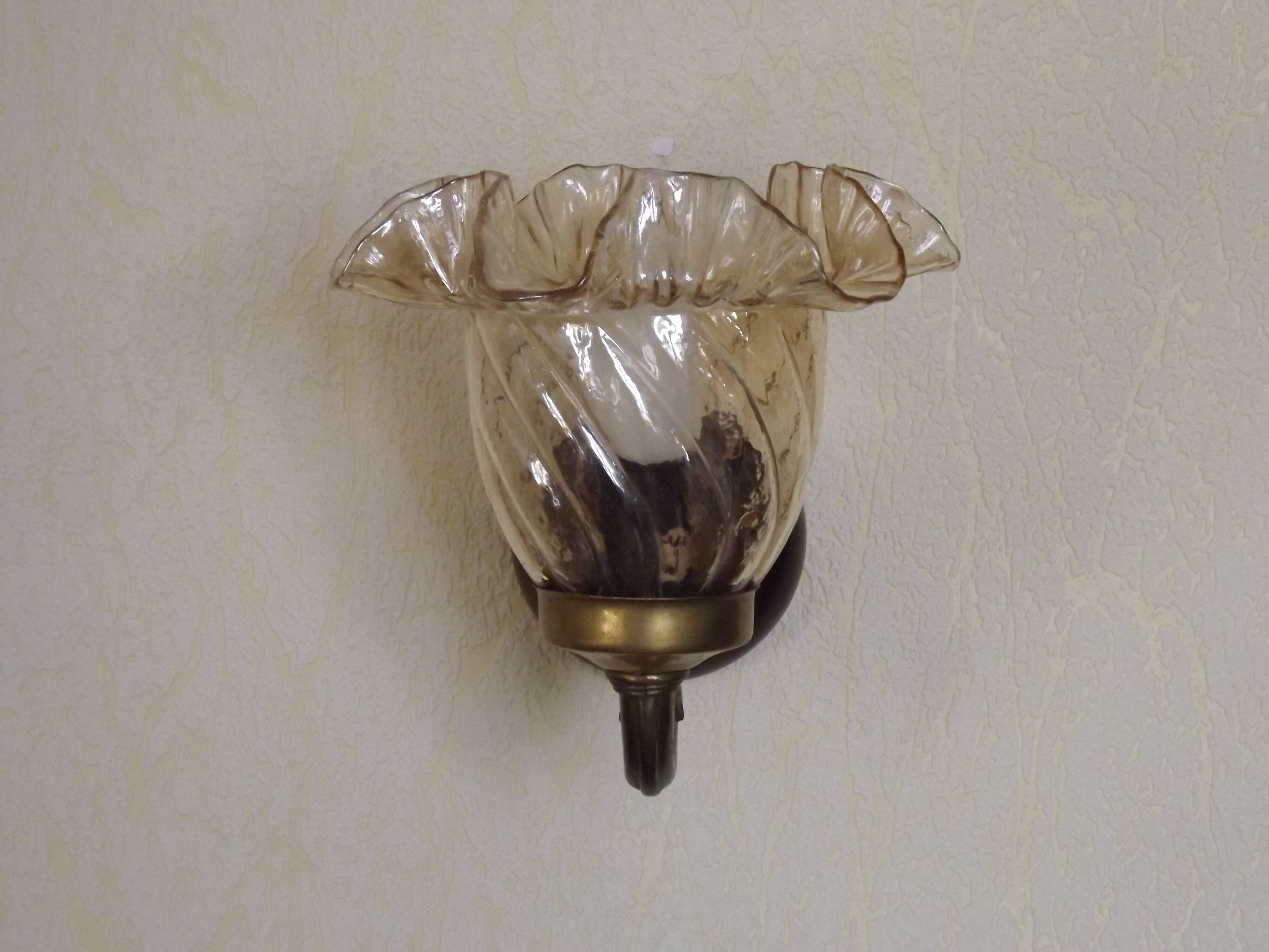 Vintage wooden and metal wall light with bronze effect, amber glass shade 5168