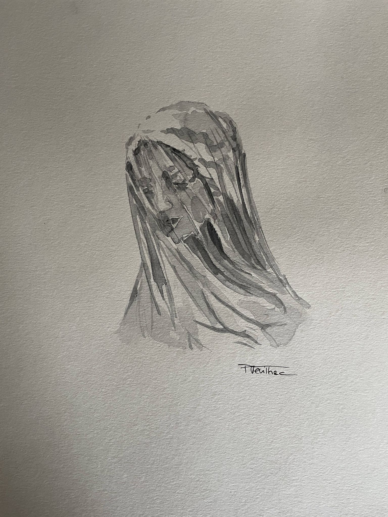 Painting signed watercolor monochrome sepia study statue of “the veiled virgin by Giovanni Strazza”