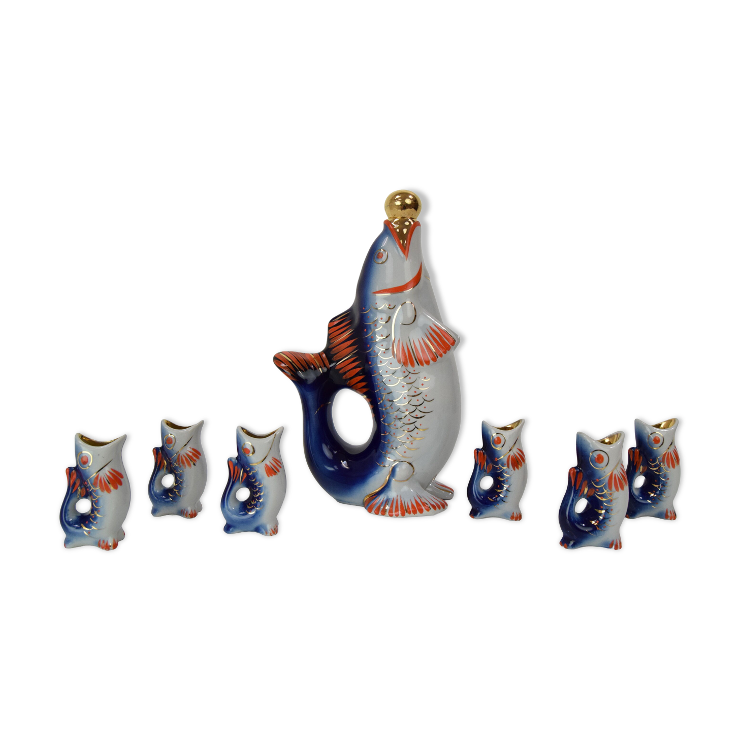 Fish decanter soviet drinking set porcelain fish carafe shots glass,1950's.