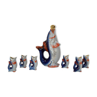 Fish decanter soviet drinking set porcelain fish carafe shots glass,1950's.