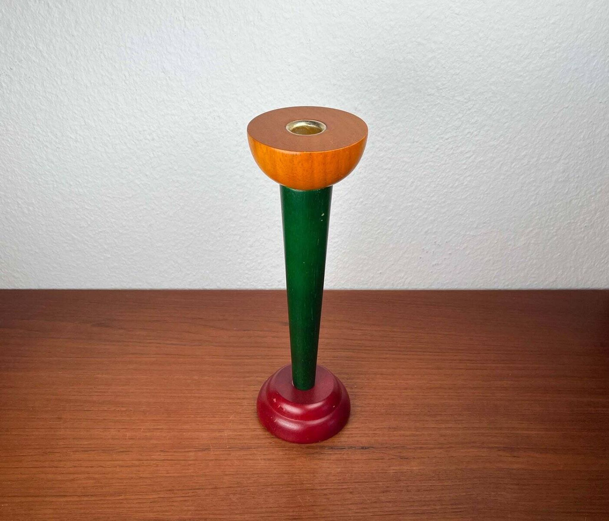 Postmodern yellow, green, red wooden chandelier Monokel by Ikea, 1980s.