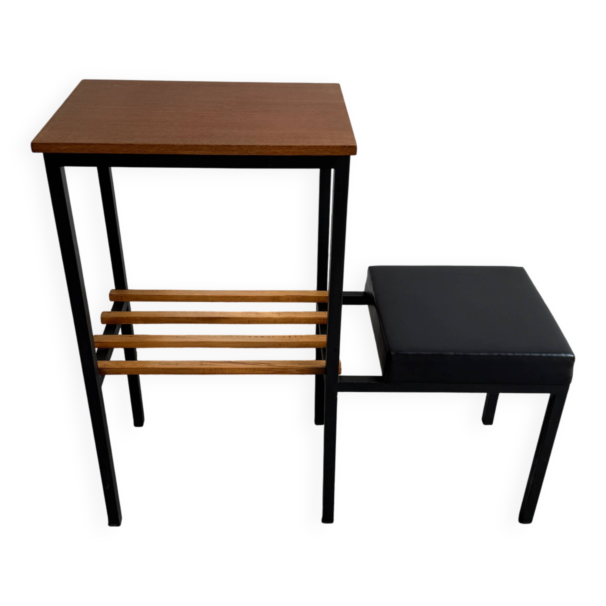 Mid-Century Teak and Black Metal Side Table with Wooden Slat Magazine Rack and Vinyl Seat