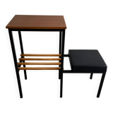 Mid-Century Teak and Black Metal Side Table with Wooden Slat Magazine Rack and Vinyl Seat