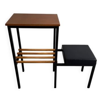 Mid-Century Teak and Black Metal Side Table with Wooden Slat Magazine Rack and Vinyl Seat
