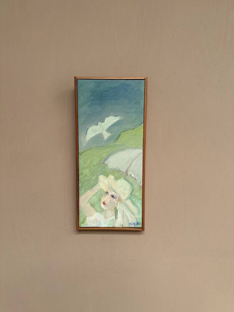 Original Swedish Oil on Canvas – "Woman with Dove" by G.G., 1990 – vintage and framed – 35.5 × 16 cm (13.9" × 6.2")