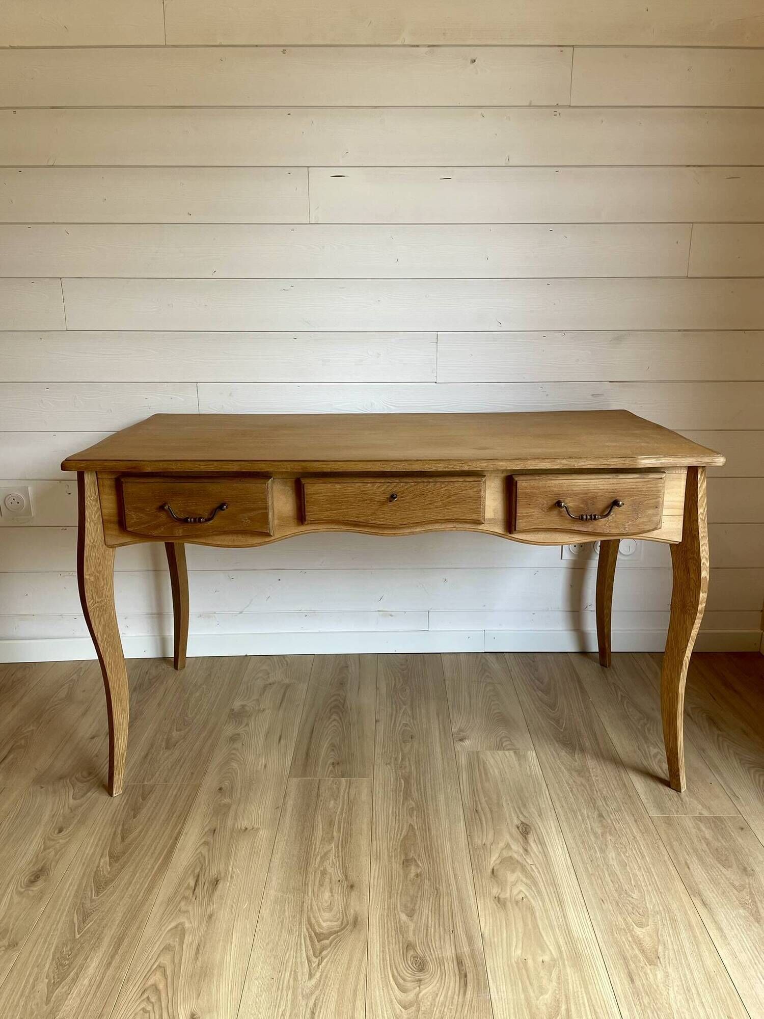 Vintage light wood desk with 3 drawers in Louis Philippe style, chic country.