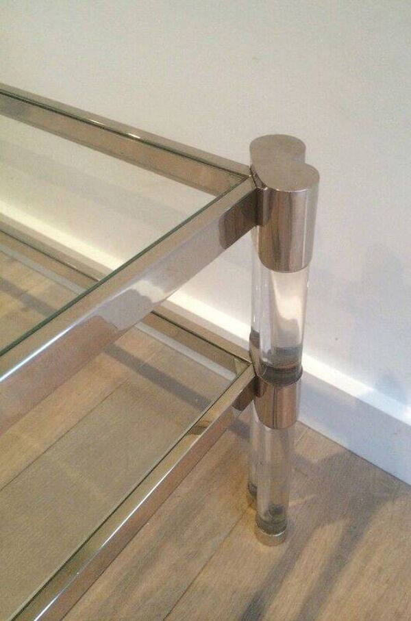 Grande table basse en plexiglass et chrome à double plateau de verre