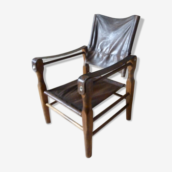 Fauteuil dit Safari en bois et cuir, années 50