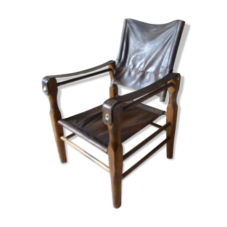 Fauteuil dit Safari en bois et cuir, années 50