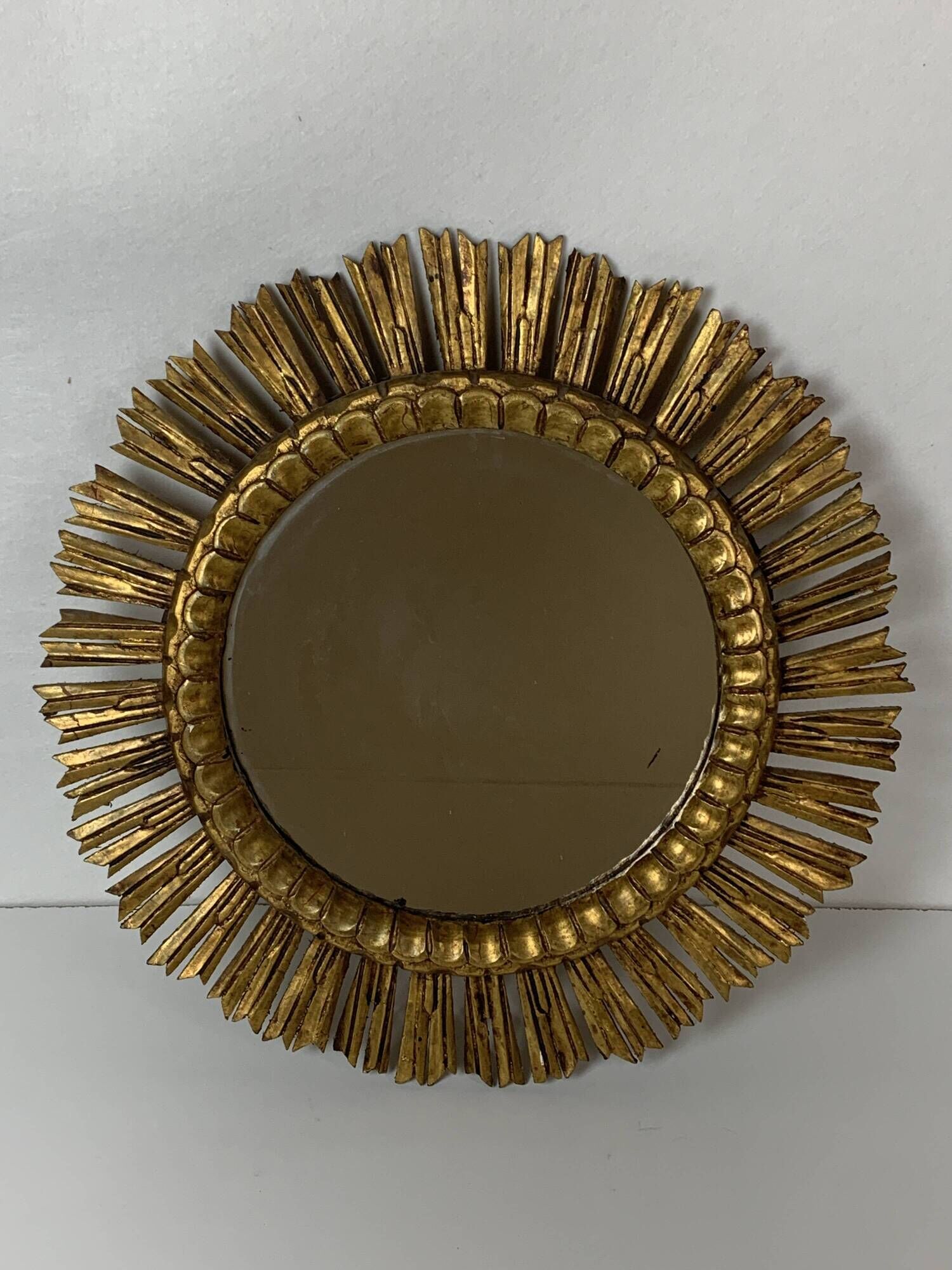 Large midcentury Spanish gold gilt wood sun or sunburst mirror, 1950s