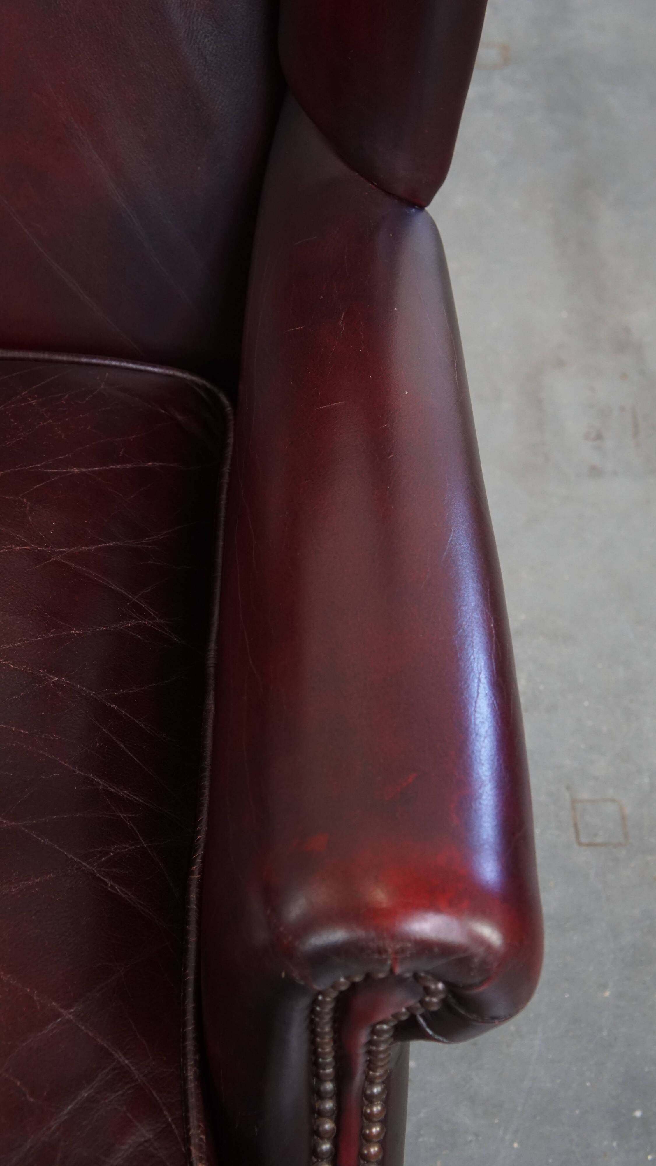 Bordeaux Red Cowhide Wingback Chair in English Style