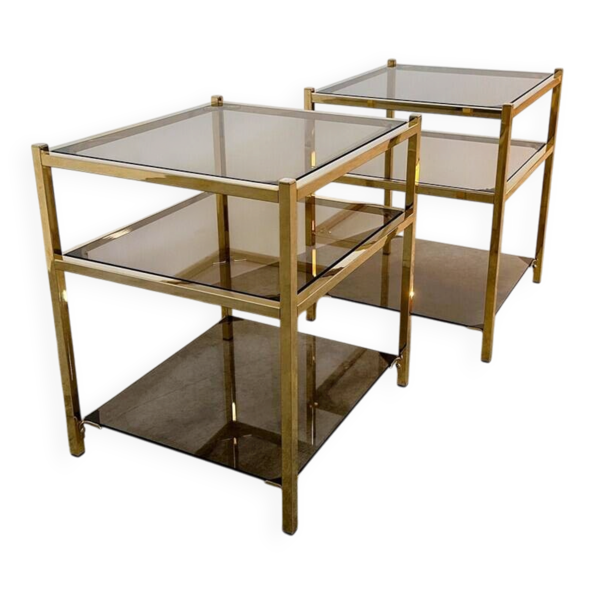 Pair of Vintage Three-Level Tables in Brass and Smoked Glass, 1970s