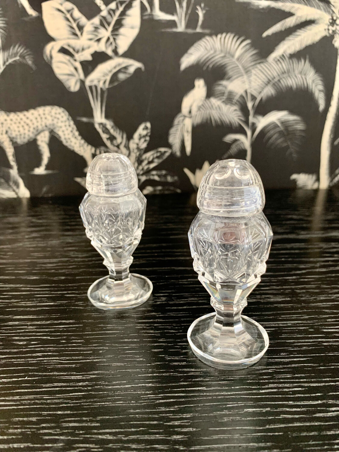 Duo of crystal salt shakers and pepper shakers