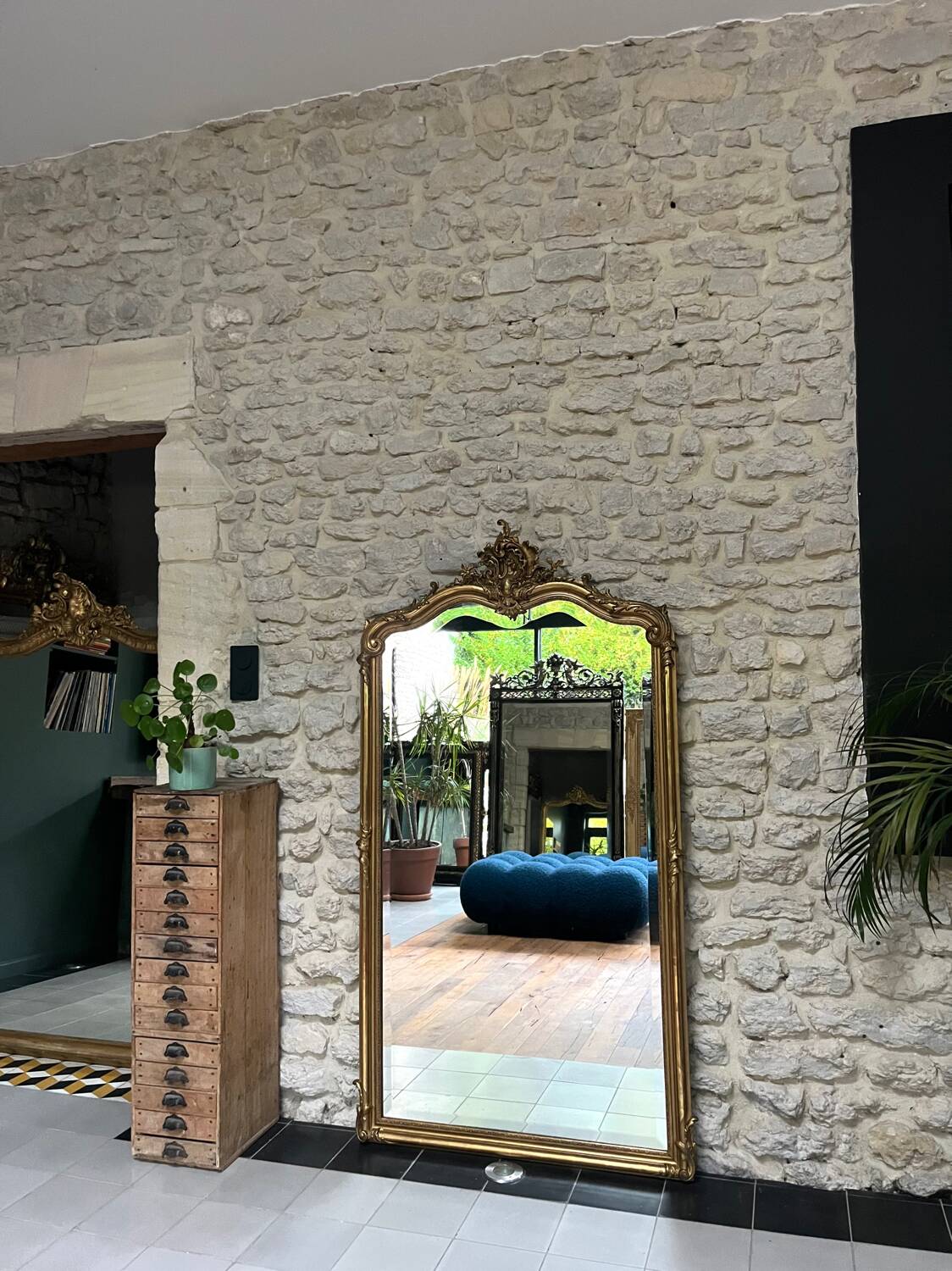 Antique mirror 160.5/87cm with gilt Louis XV style pediments