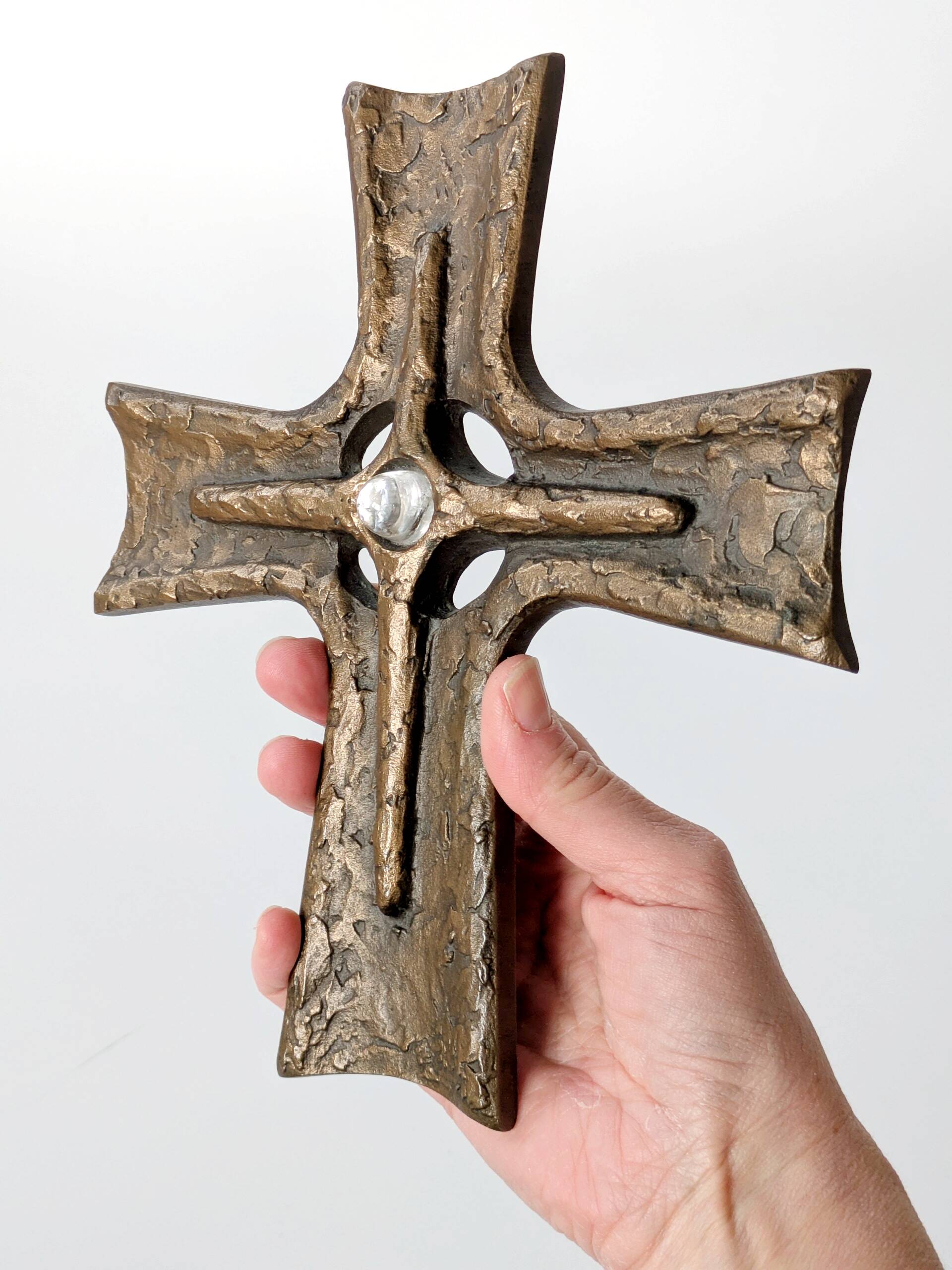 Vintage brutalist bronze crucifix, religious art from the 1950s