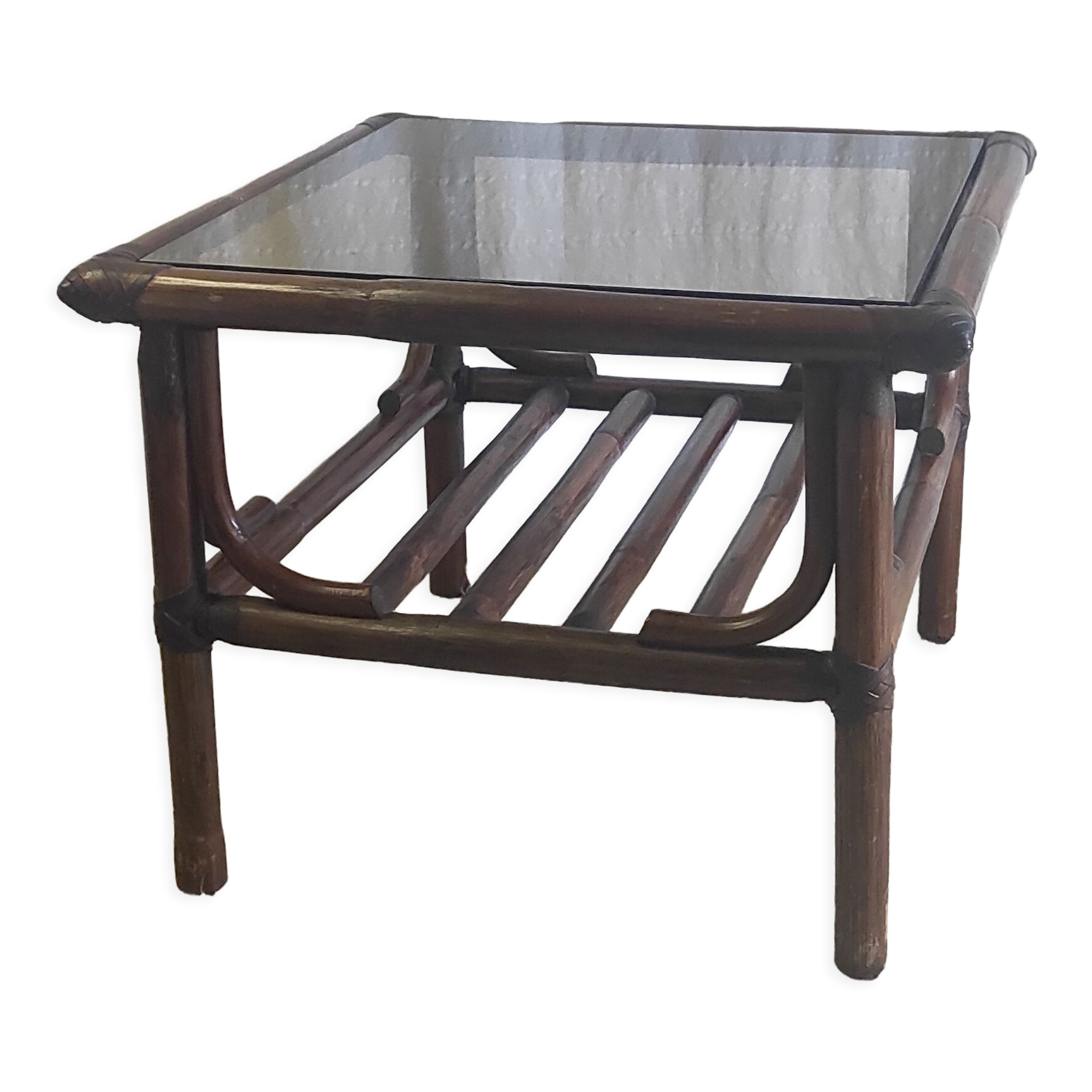 Rattan coffee table and smoked glass 60-70s