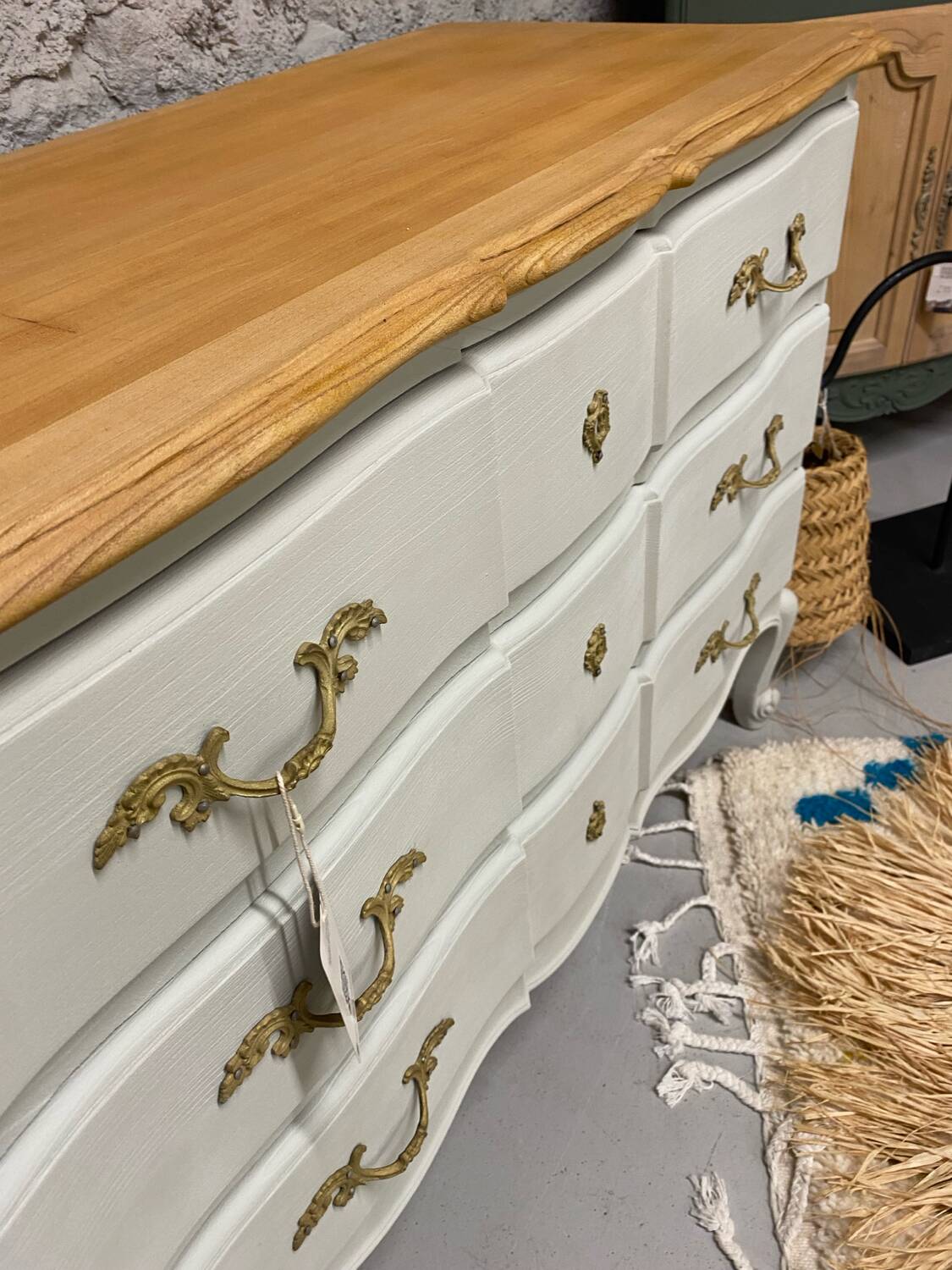 Louis XV chest of drawers in white and raw wood
