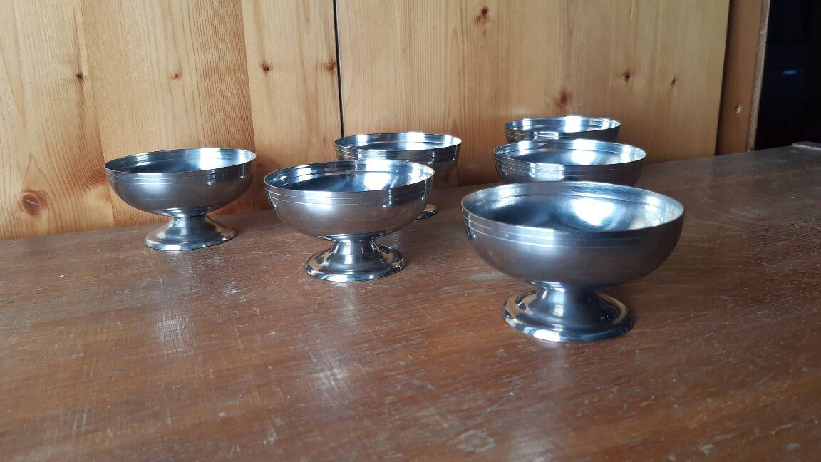 6 vintage stainless steel ice cream cups, France