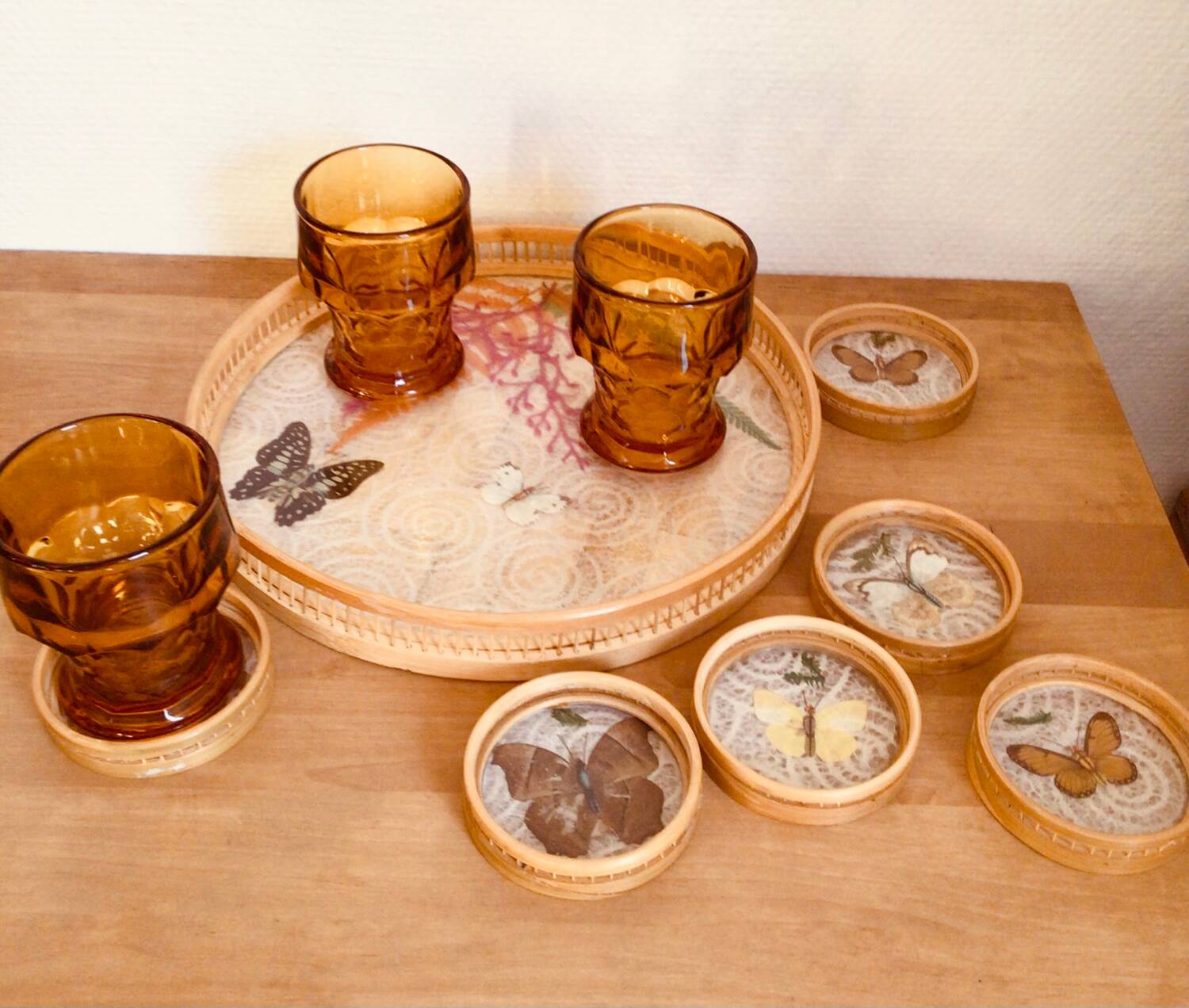 Vintage tray and coaster set