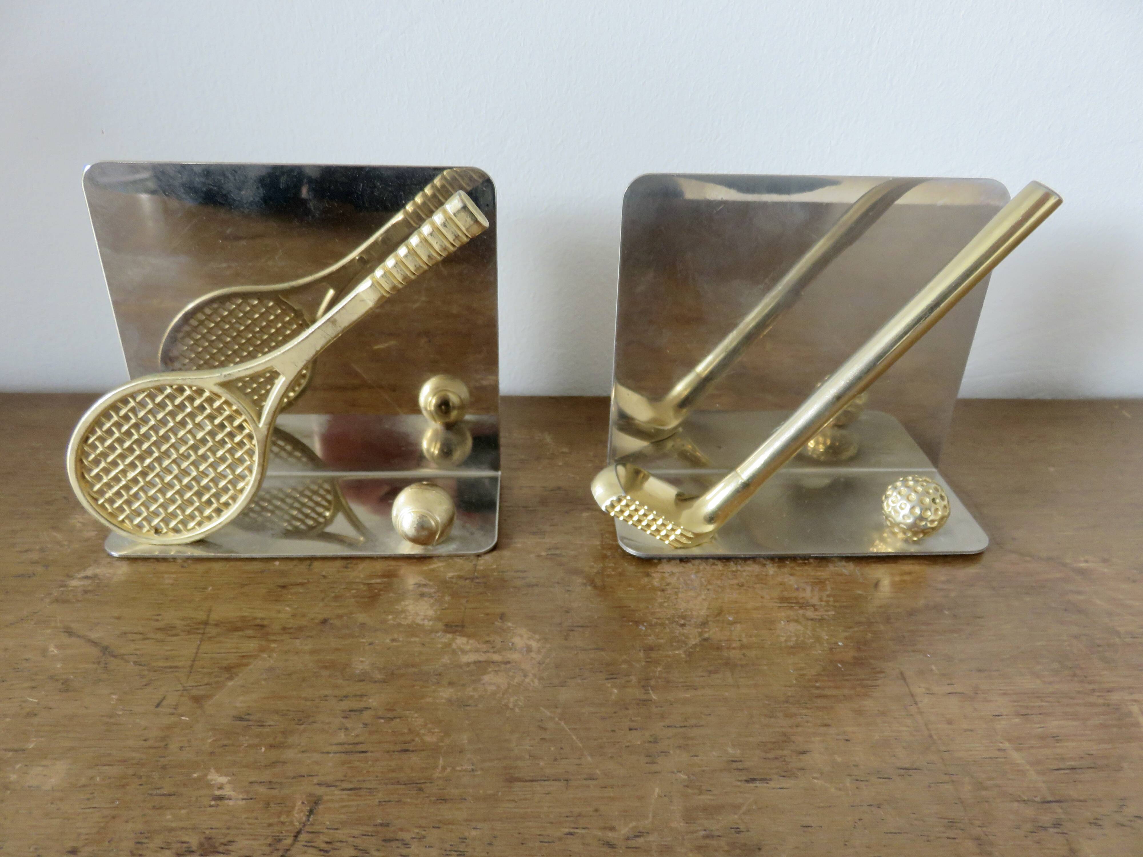 Serre livres en métal chromé et laiton "tennis & golf" années 70