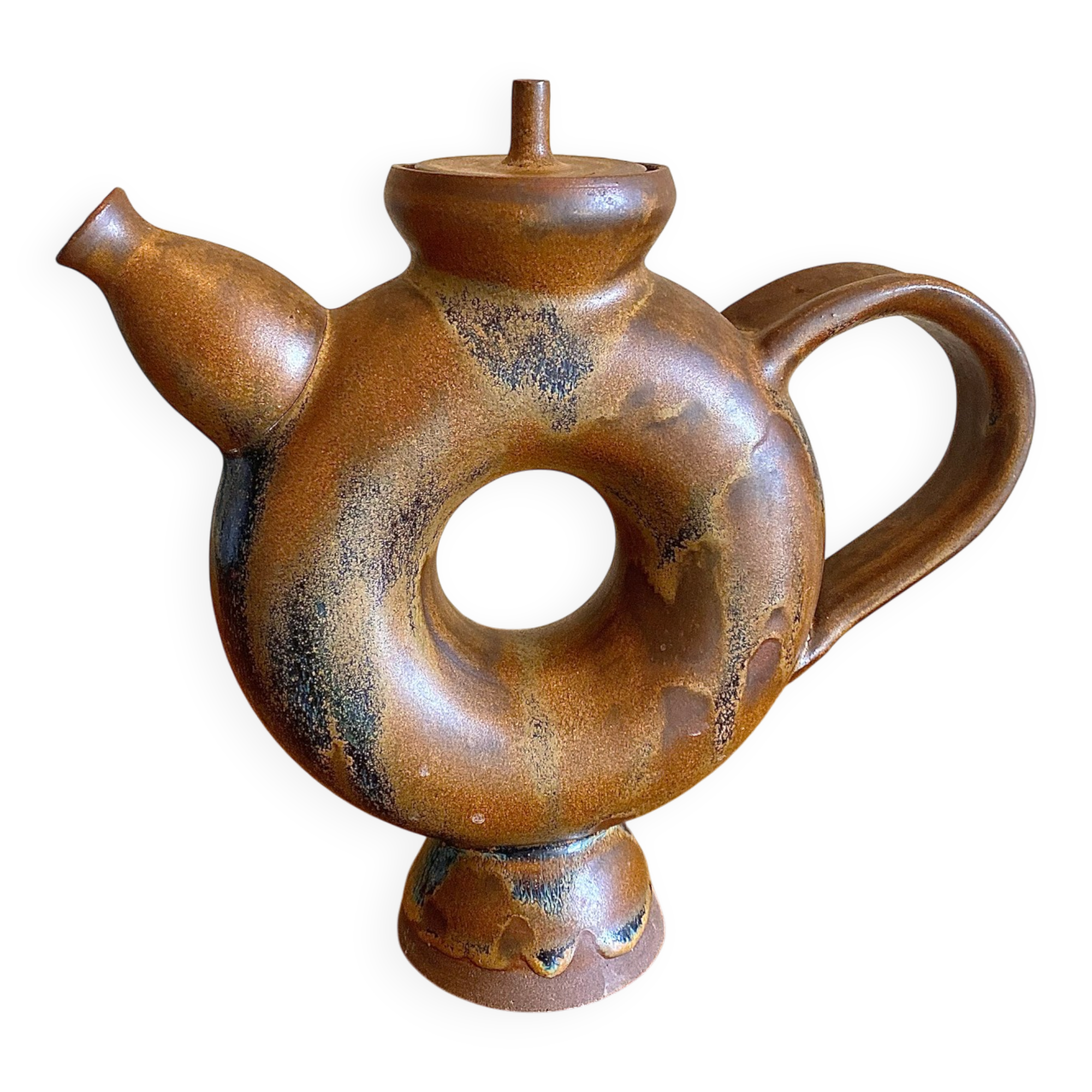 Glazed stoneware sculptural teapot signed