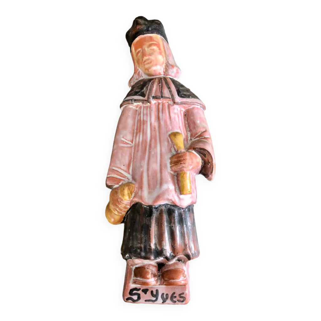 Statuette murale de Saint Yves en terre cuite émaillée XXème siècle