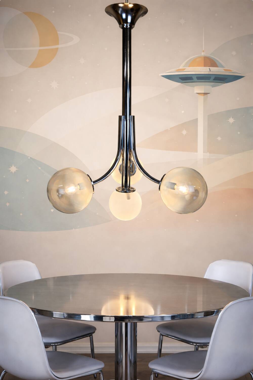 Vintage Space Age Chrome and Murano Glass Italian Pendant Lamp
