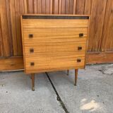 Mid-century brown teak chest of drawers with three drawers, tapered legs from the 1960s.