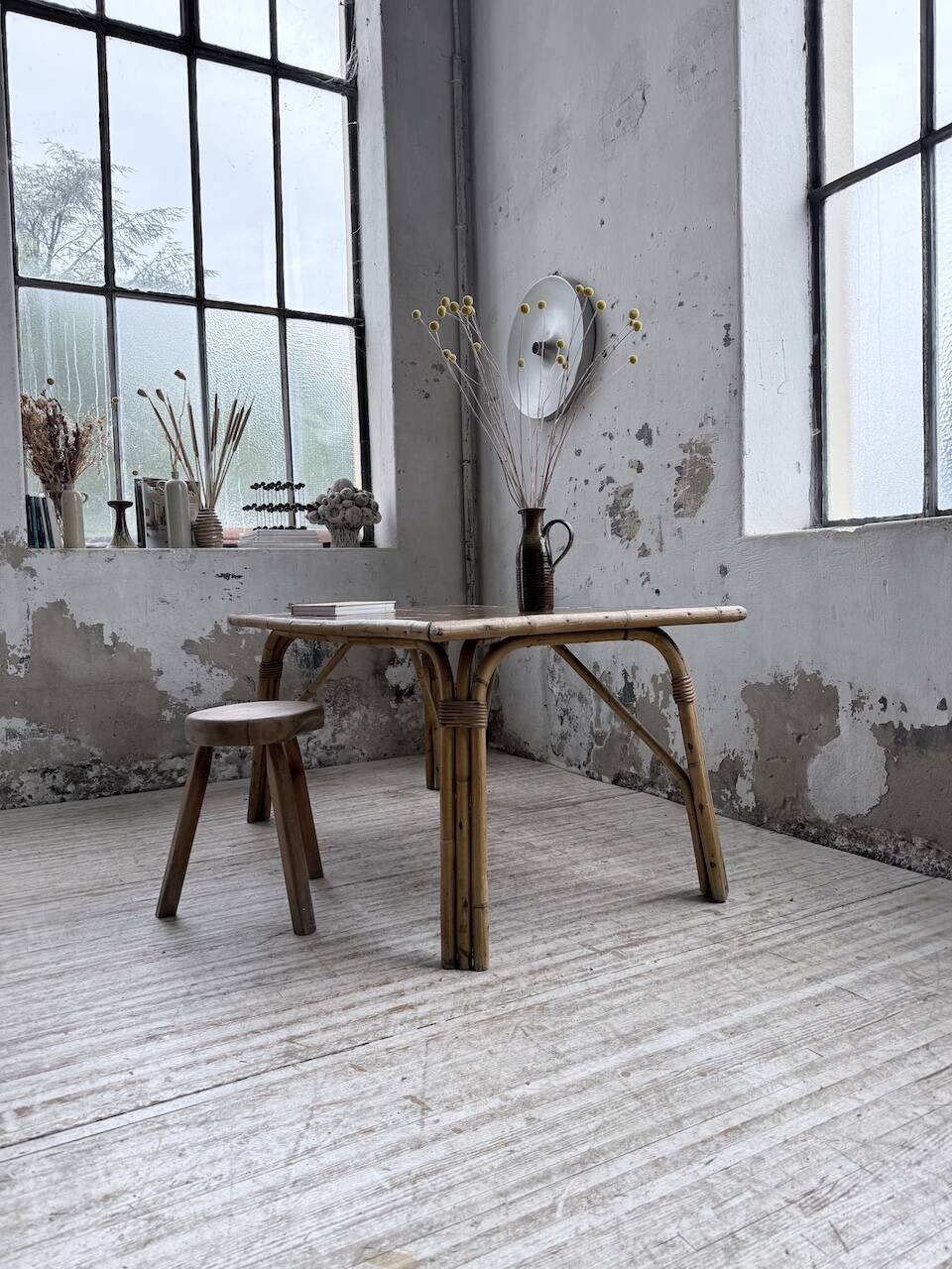 1950s rattan table with ceramic top