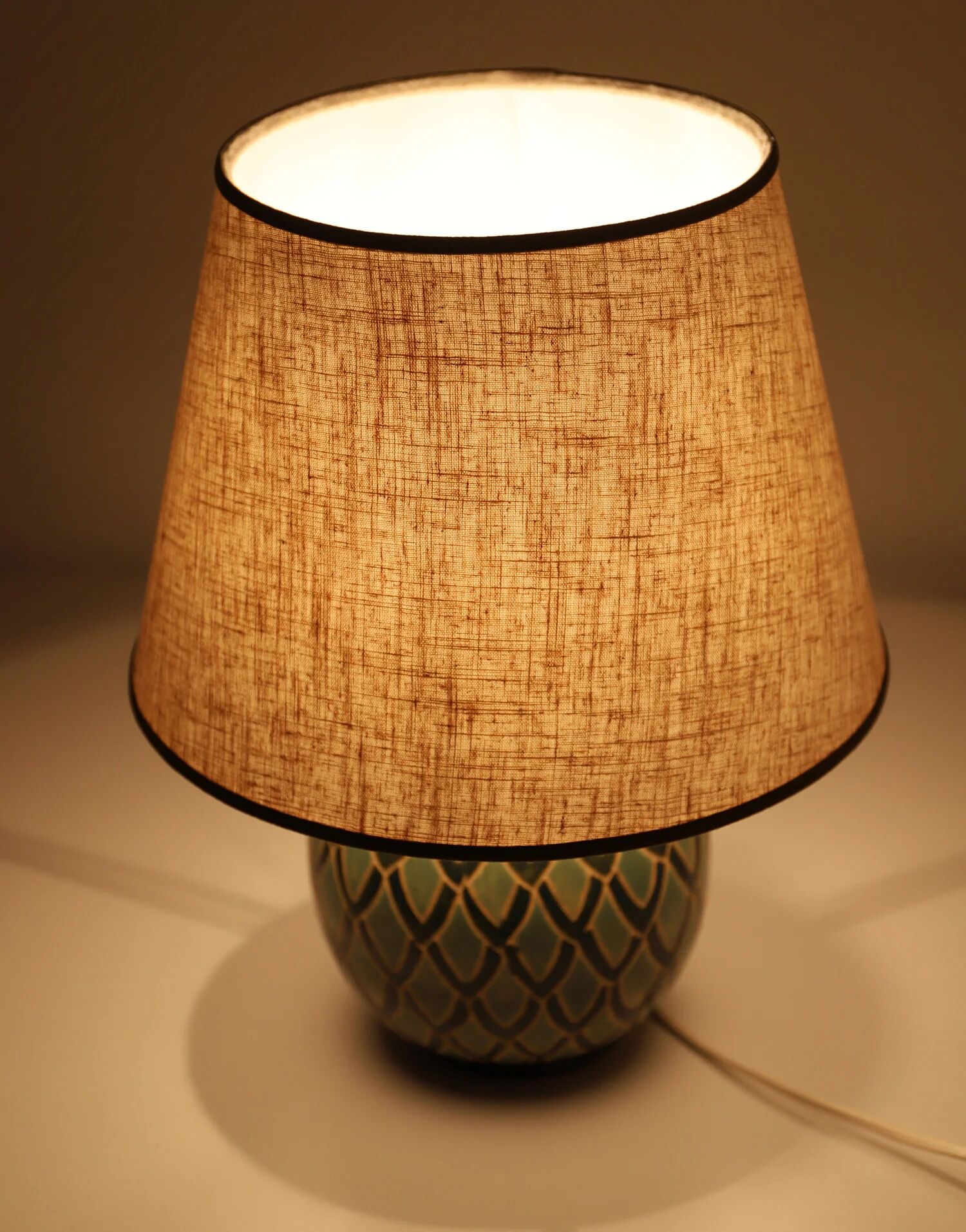 Recycled vintage lamp — ceramic art deco ball base and linen shade