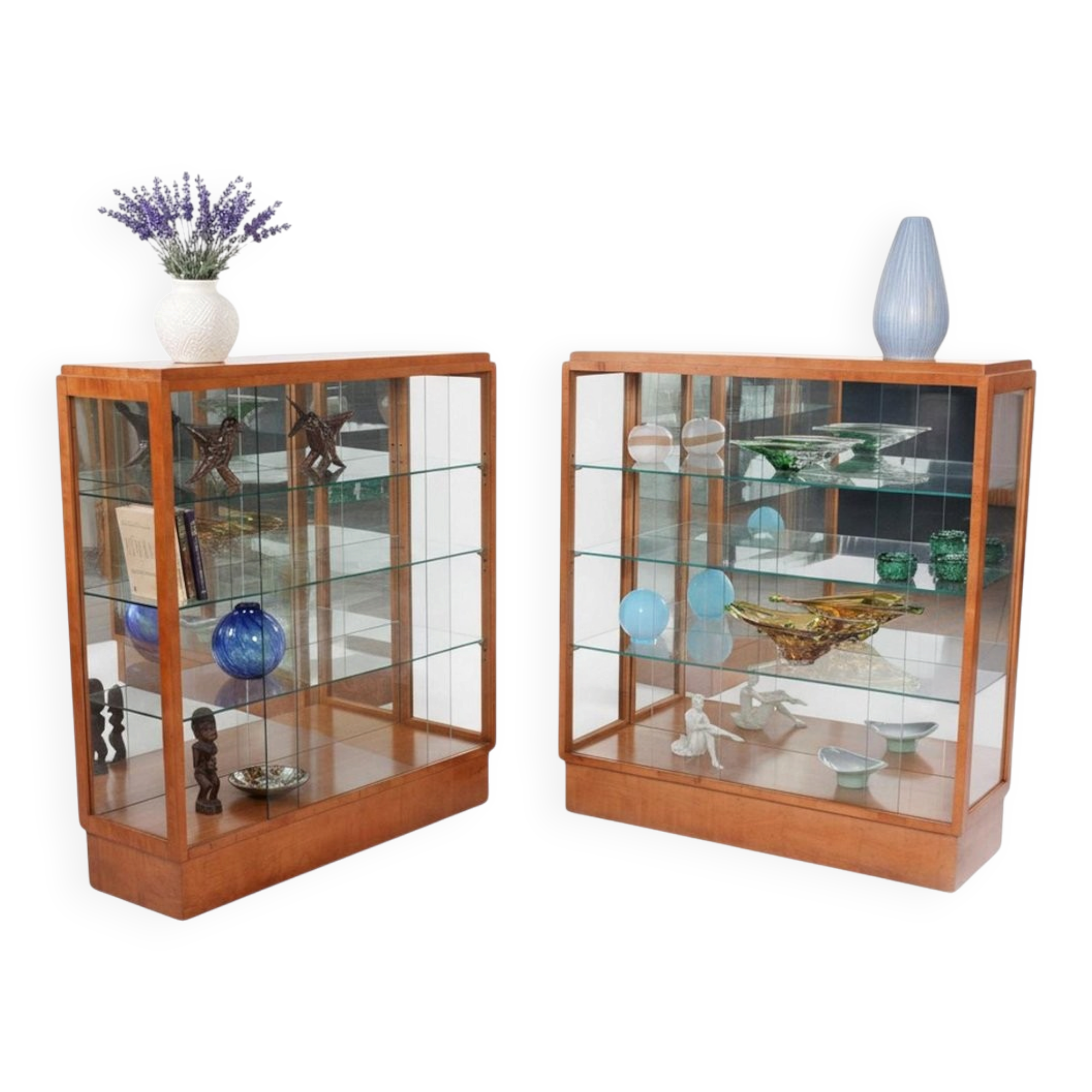 Art Deco Display Cabinets in Maple, Glass, and Mirror, Czech, 1930s, Set of 2