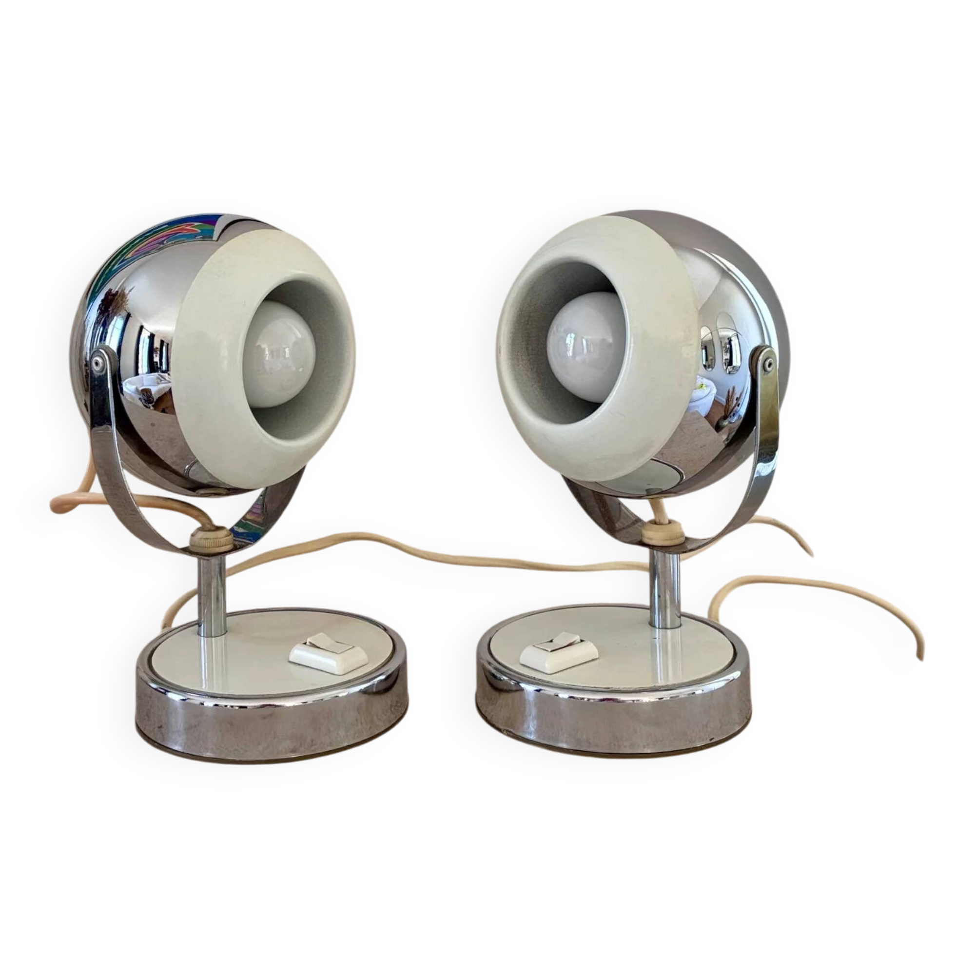 Pair of "Eye-ball" lamps in chrome metal - 1970.