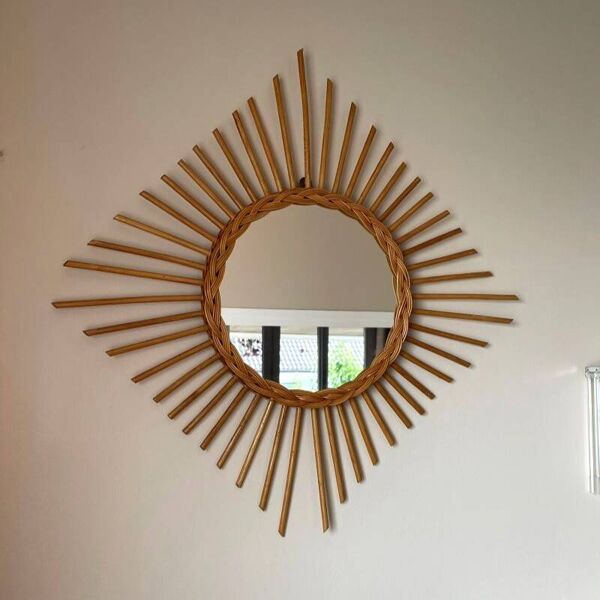 Miroir soleil losange en rotin – France, années 60