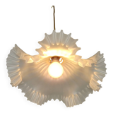 Vintage French Art Deco White Opaque Glass Pendant Light Clear Frilled Edge