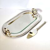 Vintage silver-plated foie gras platter with goose head decoration and serving spatula.