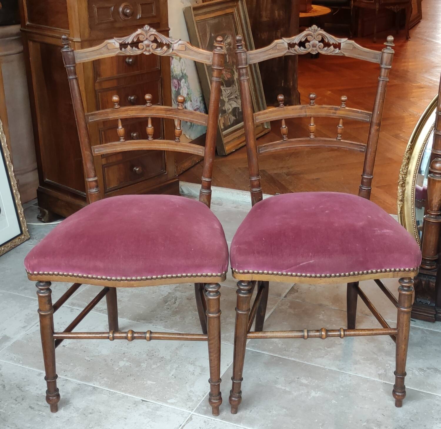 Pair of old velvet chairs in old rose carved wood