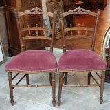 Paire anciennes chaises velours vieux rose bois sculpté