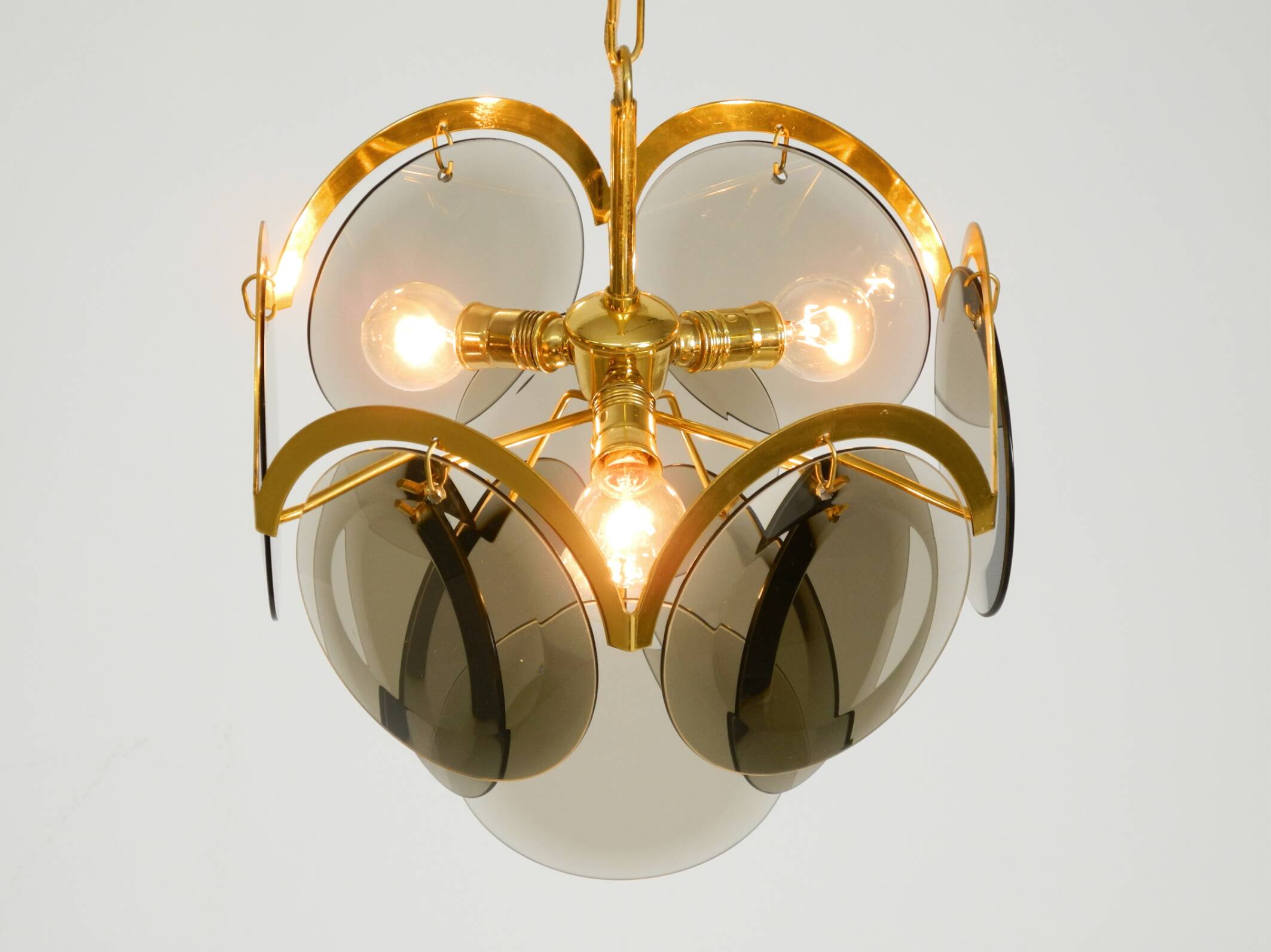 60s large brass ceiling chandelier with large round glass plates