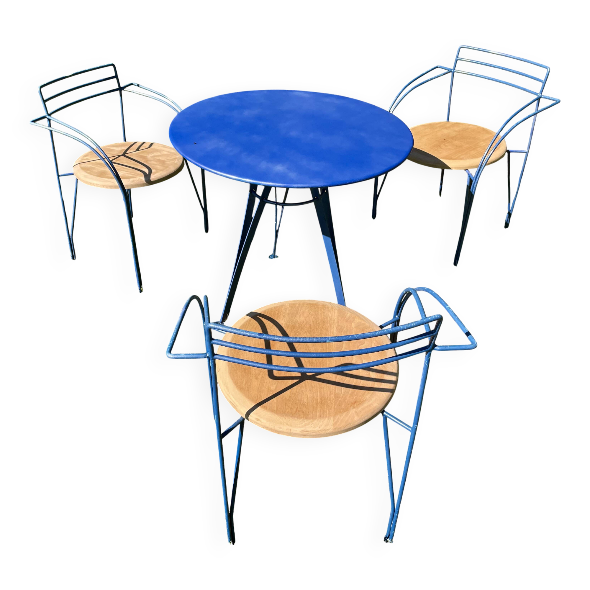 Garden furniture set by "Pascal Mourgue", a table and 3 chairs, 1980s