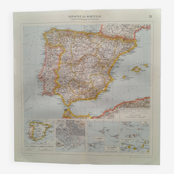 A geographical map from atlas quillet 1925: economic policy map spain portugal