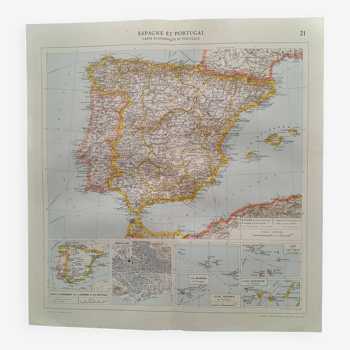 Une carte géographique issue atlas quillet 1925  : carte  politique économique espagne portugal